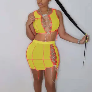 Colorblock Sleeveless Bandage Two Piece Skirt Set