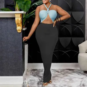 Colorblock Sleeveless Halter Cut Out Maxi Dress