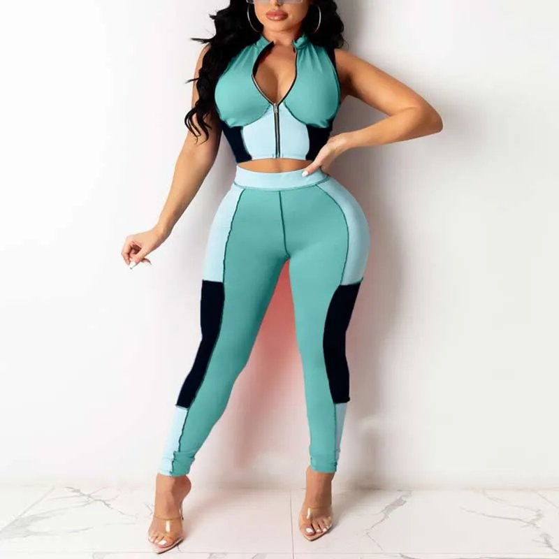 Colorblock Sleeveless Zipper Design Crop Top & Pants Set
