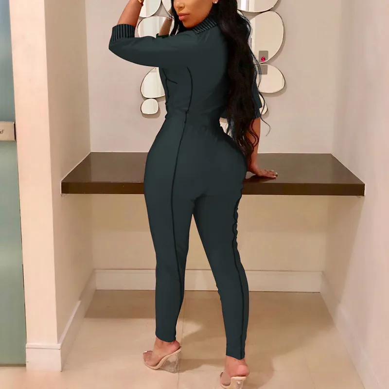 Colorblock Zipper Design Long Sleeve Jumpsuit