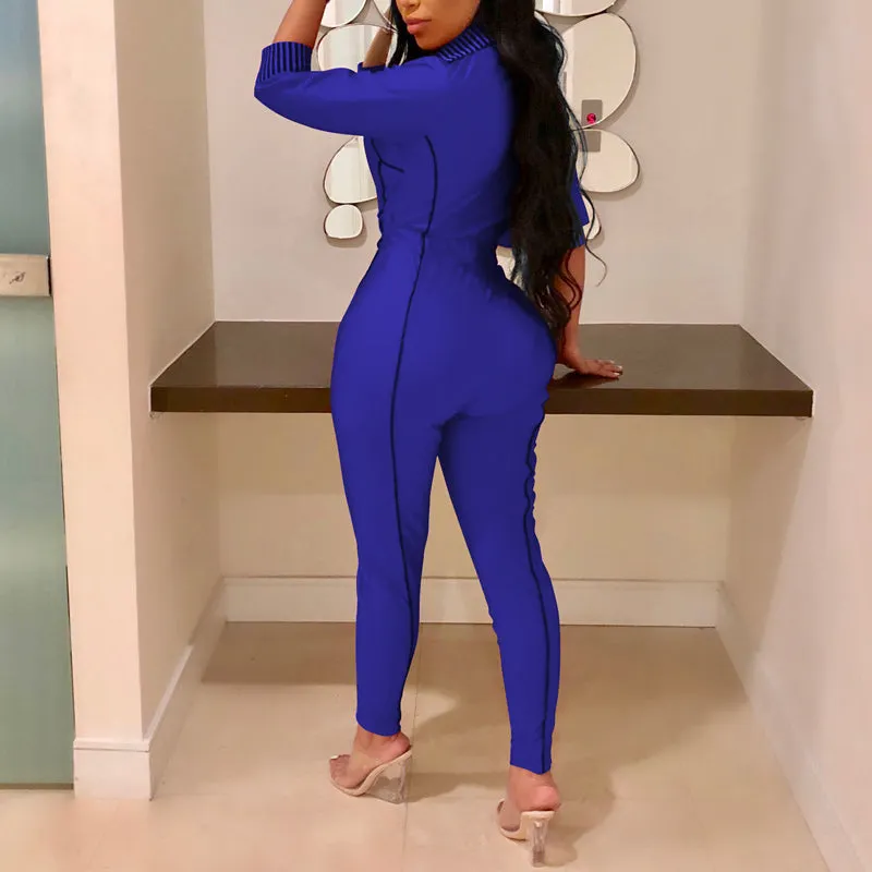 Colorblock Zipper Design Long Sleeve Jumpsuit