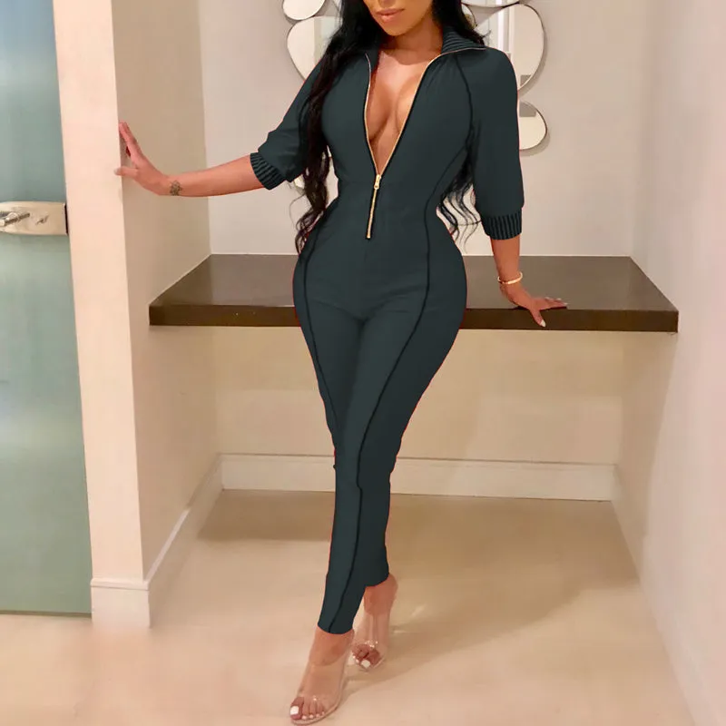 Colorblock Zipper Design Long Sleeve Jumpsuit