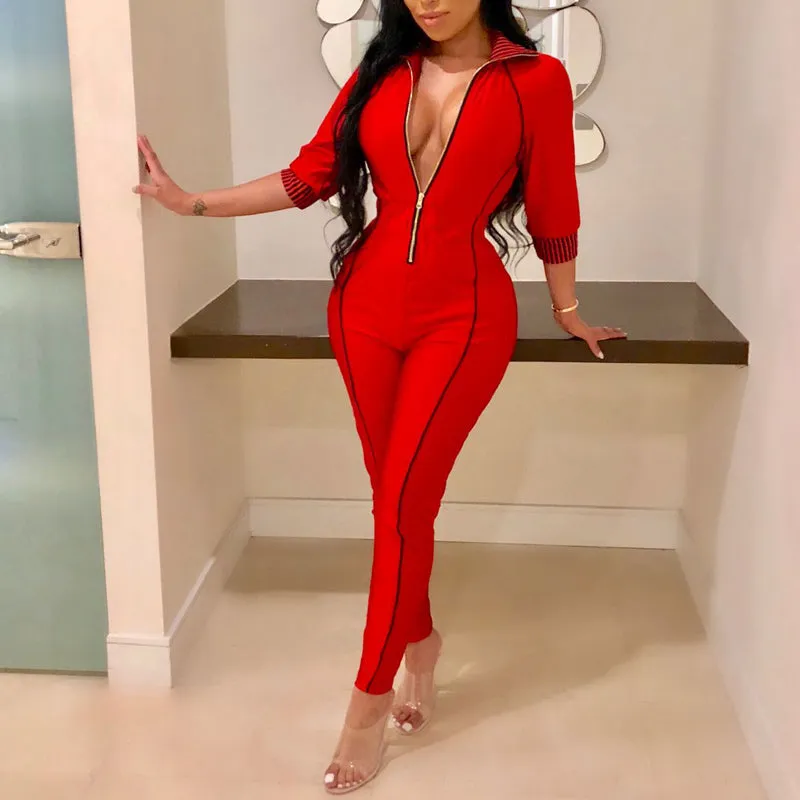 Colorblock Zipper Design Long Sleeve Jumpsuit