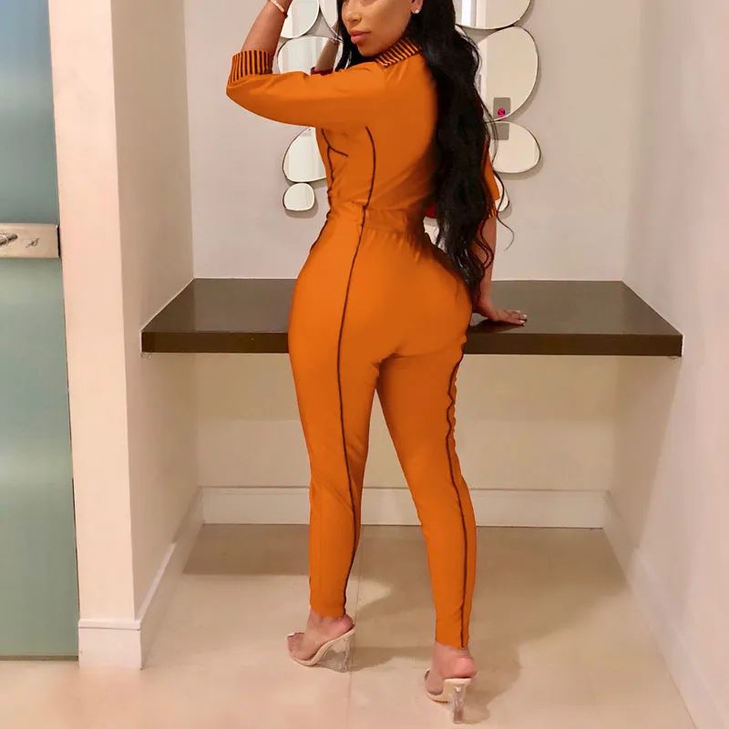Colorblock Zipper Design Long Sleeve Jumpsuit