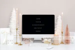 Computer Mockup with Taper Candles & Holiday Trees