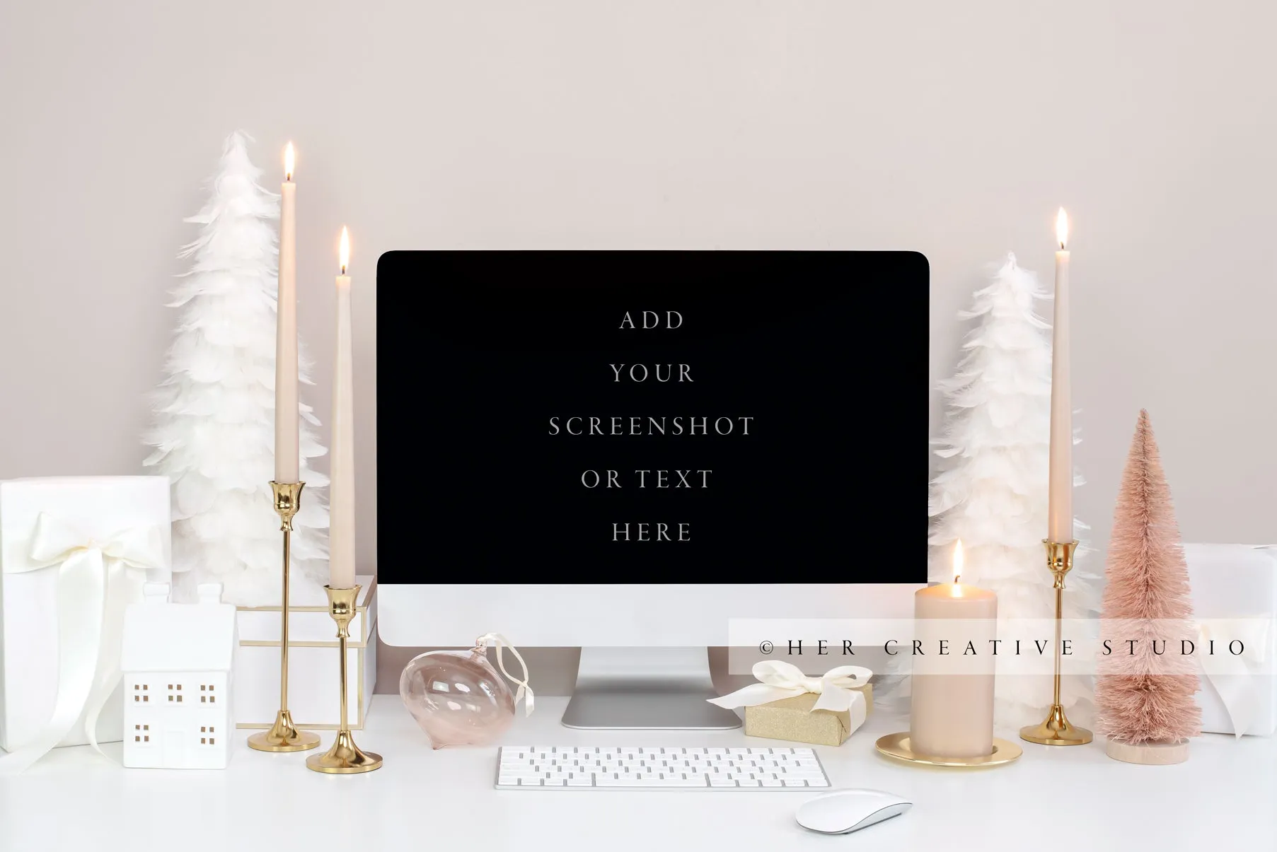Computer Mockup with Taper Candles & Holiday Trees