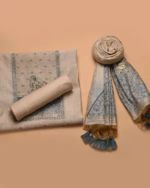Cream With Blue Chanderi Woven With Embroidery Unstitched Suit Fabric Set With Chanderi Woven Dupatta
