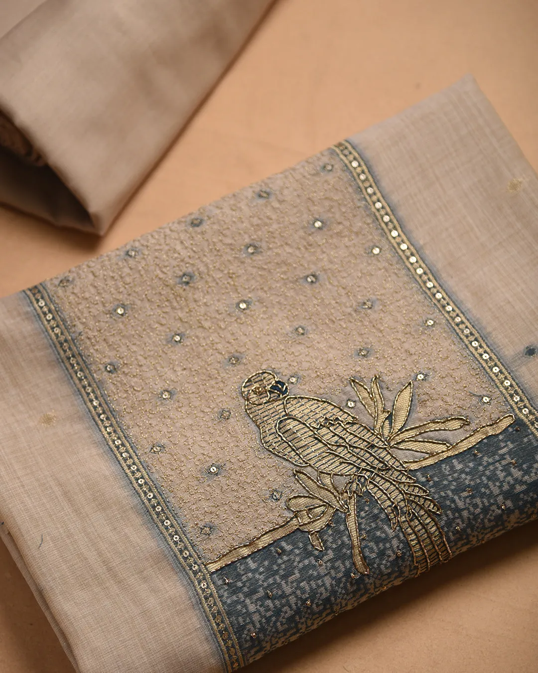 Cream With Blue Chanderi Woven With Embroidery Unstitched Suit Fabric Set With Chanderi Woven Dupatta