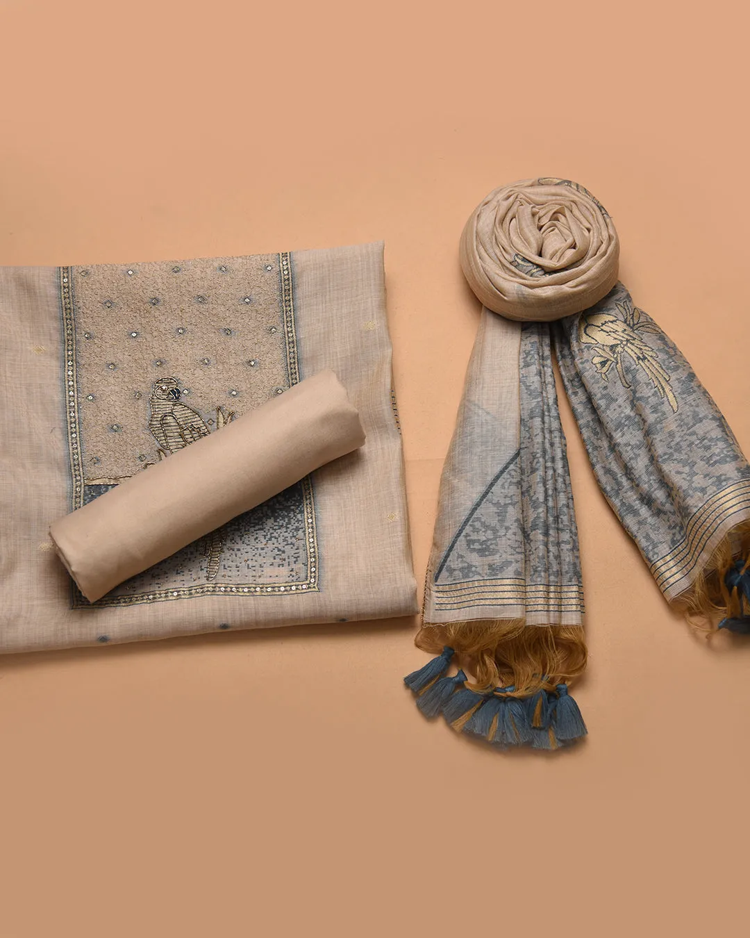 Cream With Blue Chanderi Woven With Embroidery Unstitched Suit Fabric Set With Chanderi Woven Dupatta