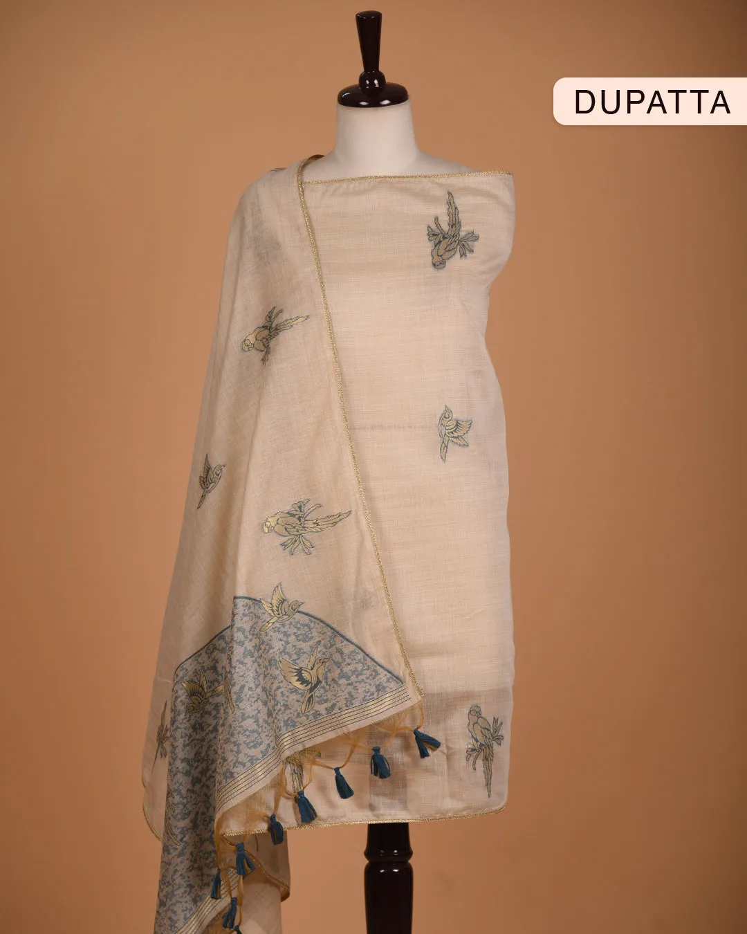 Cream With Blue Chanderi Woven With Embroidery Unstitched Suit Fabric Set With Chanderi Woven Dupatta