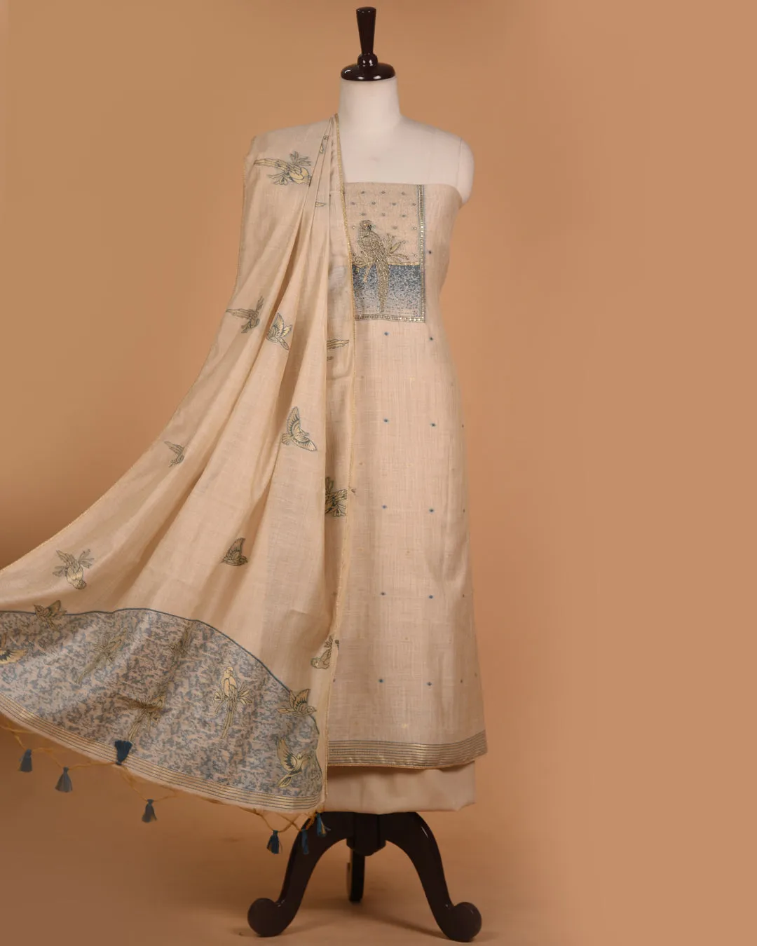 Cream With Blue Chanderi Woven With Embroidery Unstitched Suit Fabric Set With Chanderi Woven Dupatta