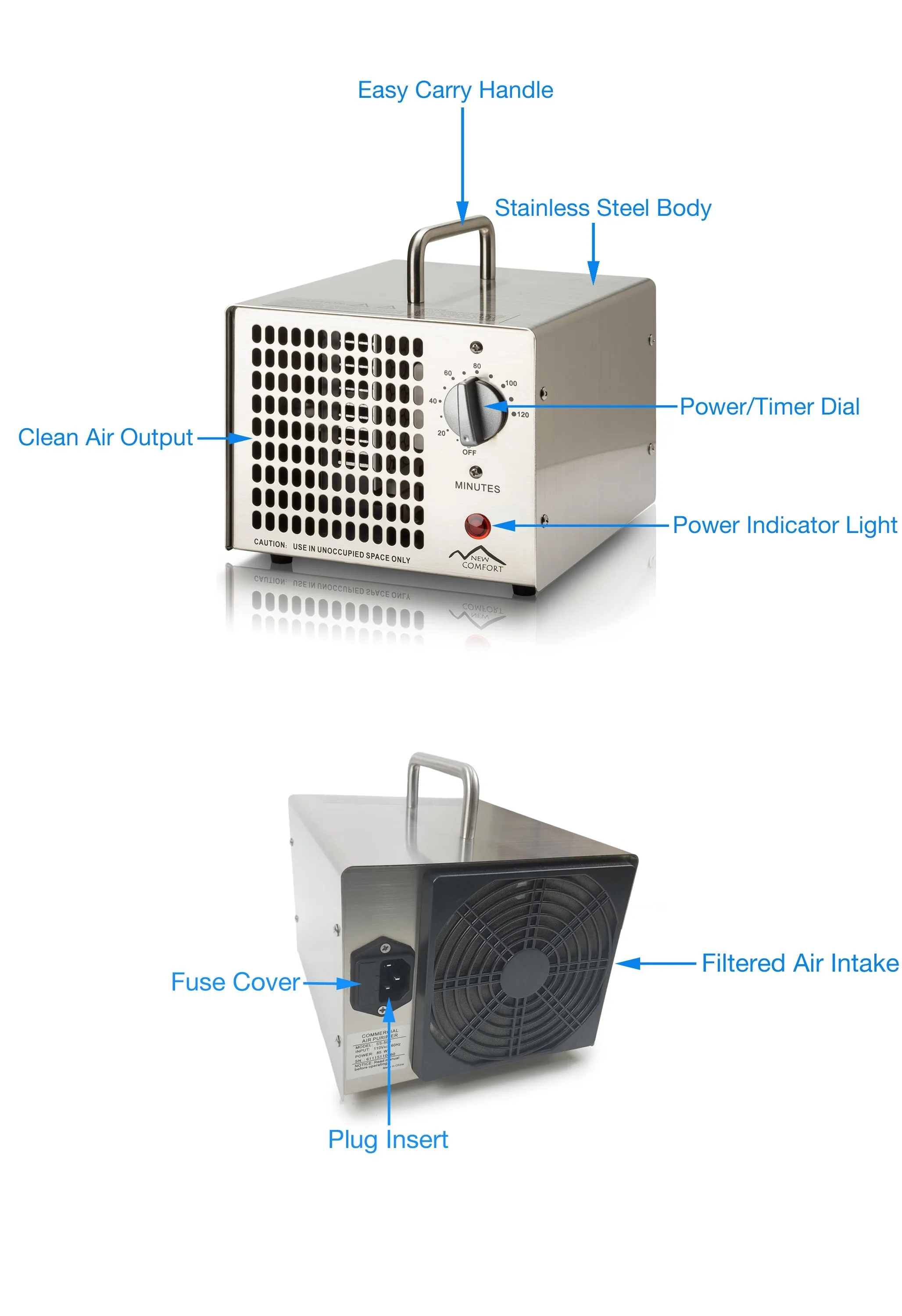 DEMO Stainless Steel New Comfort Commercial 8,500 mg/hr O3 Ozone Generator Air Purifier Model HE-500 6000 hrs