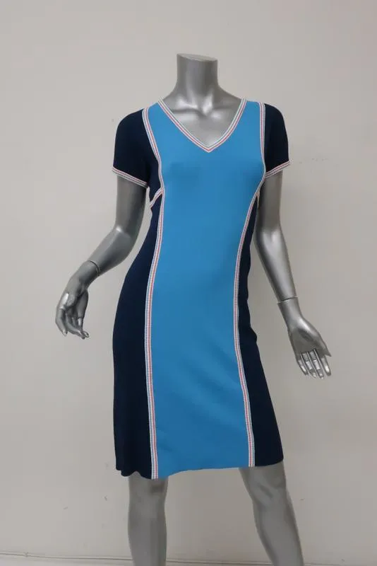 Derek Lam Dress Blue Colorblock Stretch Knit Size Medium Short Sleeve V-Neck