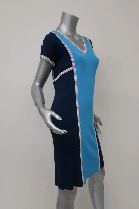 Derek Lam Dress Blue Colorblock Stretch Knit Size Medium Short Sleeve V-Neck