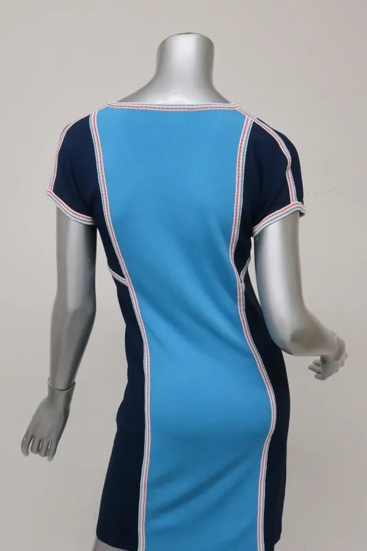 Derek Lam Dress Blue Colorblock Stretch Knit Size Medium Short Sleeve V-Neck