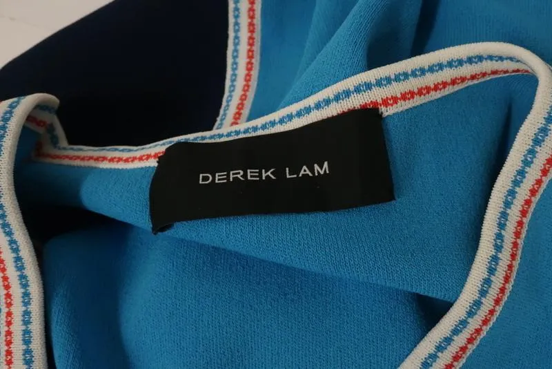 Derek Lam Dress Blue Colorblock Stretch Knit Size Medium Short Sleeve V-Neck