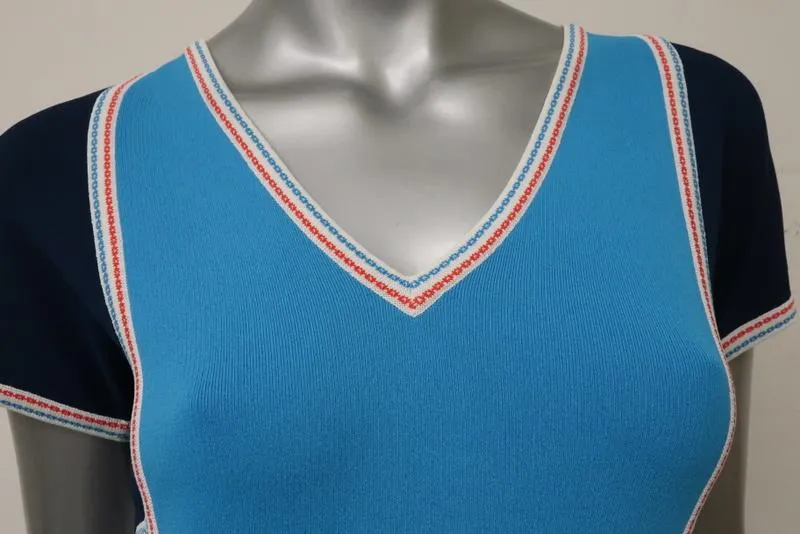 Derek Lam Dress Blue Colorblock Stretch Knit Size Medium Short Sleeve V-Neck