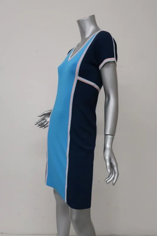 Derek Lam Dress Blue Colorblock Stretch Knit Size Medium Short Sleeve V-Neck