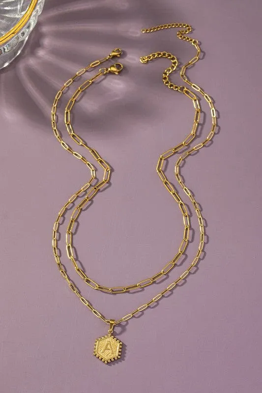 Double Row Hexagon Initial Necklace-Gold