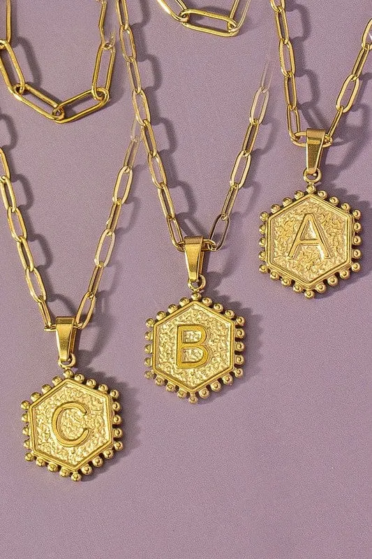 Double Row Hexagon Initial Necklace-Gold