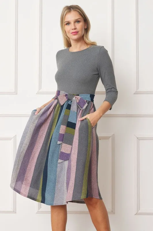 EG fashion Quarter Sleeve Stripe Sash Midi Dress