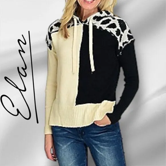 ELAN Women’s Solid &amp; Printed Sweater Knit Color Block Hoodie in the Size Large