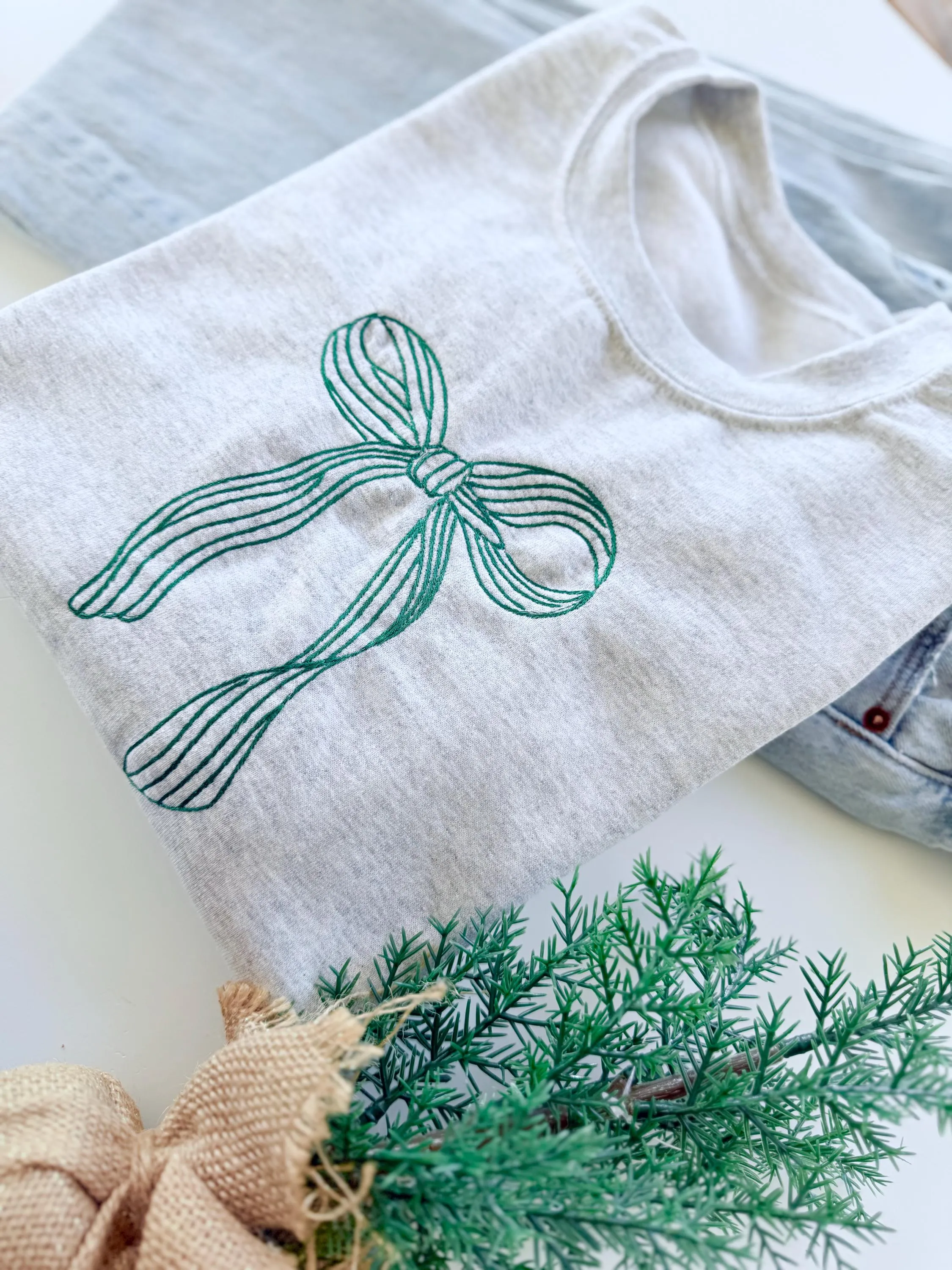 Embroidered Christmas Sweatshirt with Festive Bow - Cozy Holiday Sweatshirt for Women