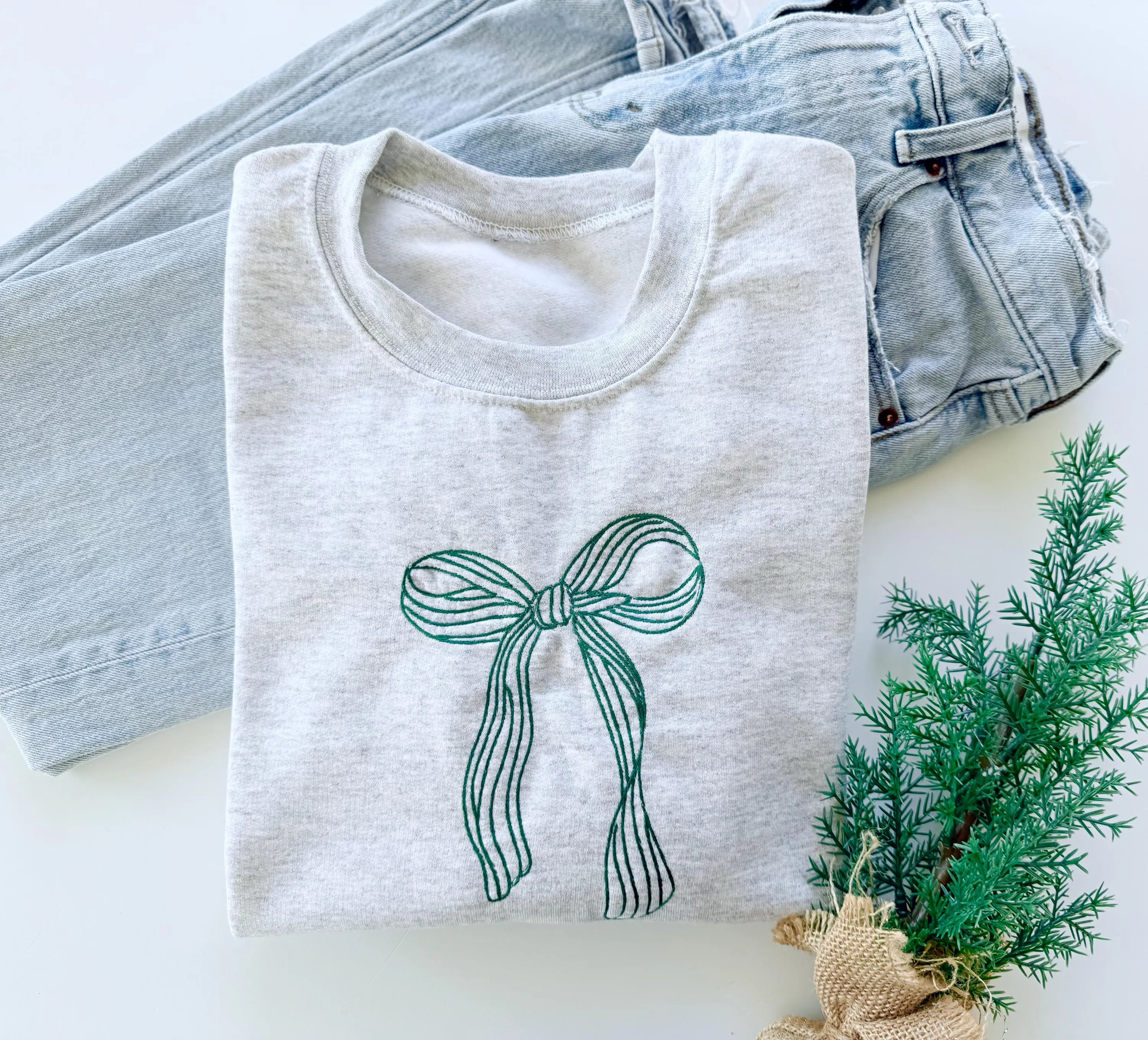 Embroidered Christmas Sweatshirt with Festive Bow - Cozy Holiday Sweatshirt for Women