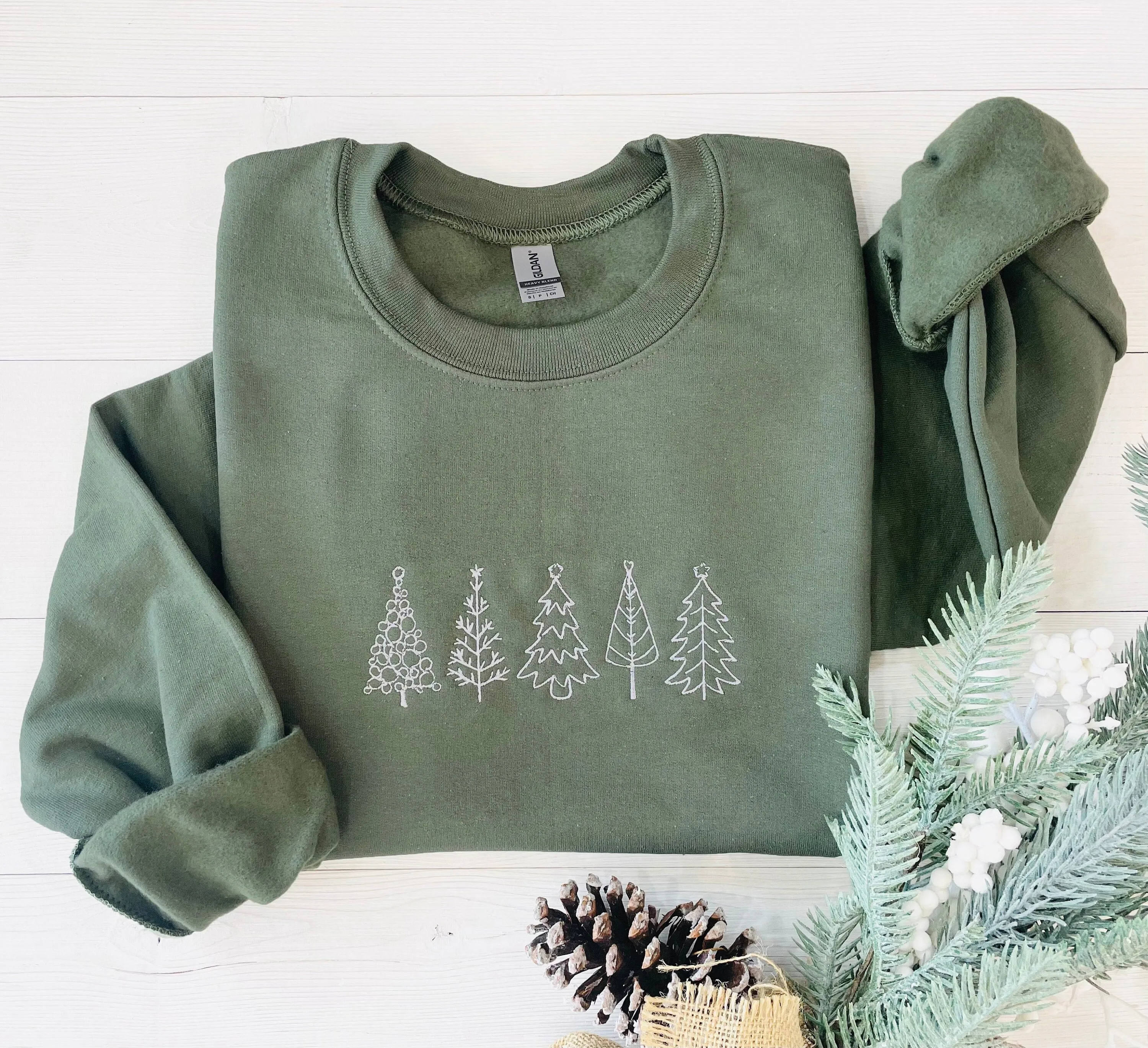 Embroidered Christmas Tree Crewneck - Christmas Tree Sweatshirt for Womens Clothing - Festive Christmas Sweater