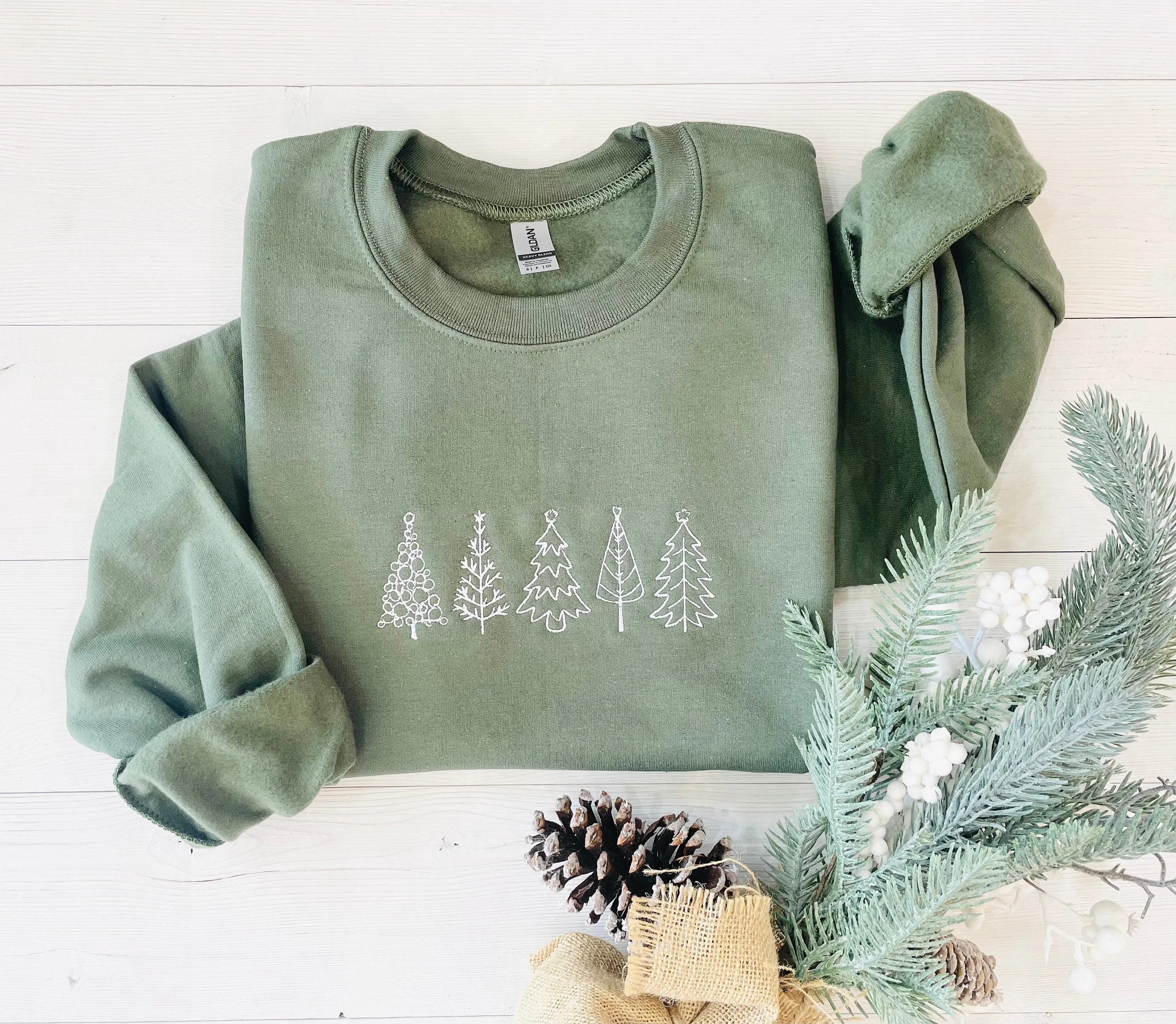 Embroidered Christmas Tree Crewneck - Christmas Tree Sweatshirt for Womens Clothing - Festive Christmas Sweater