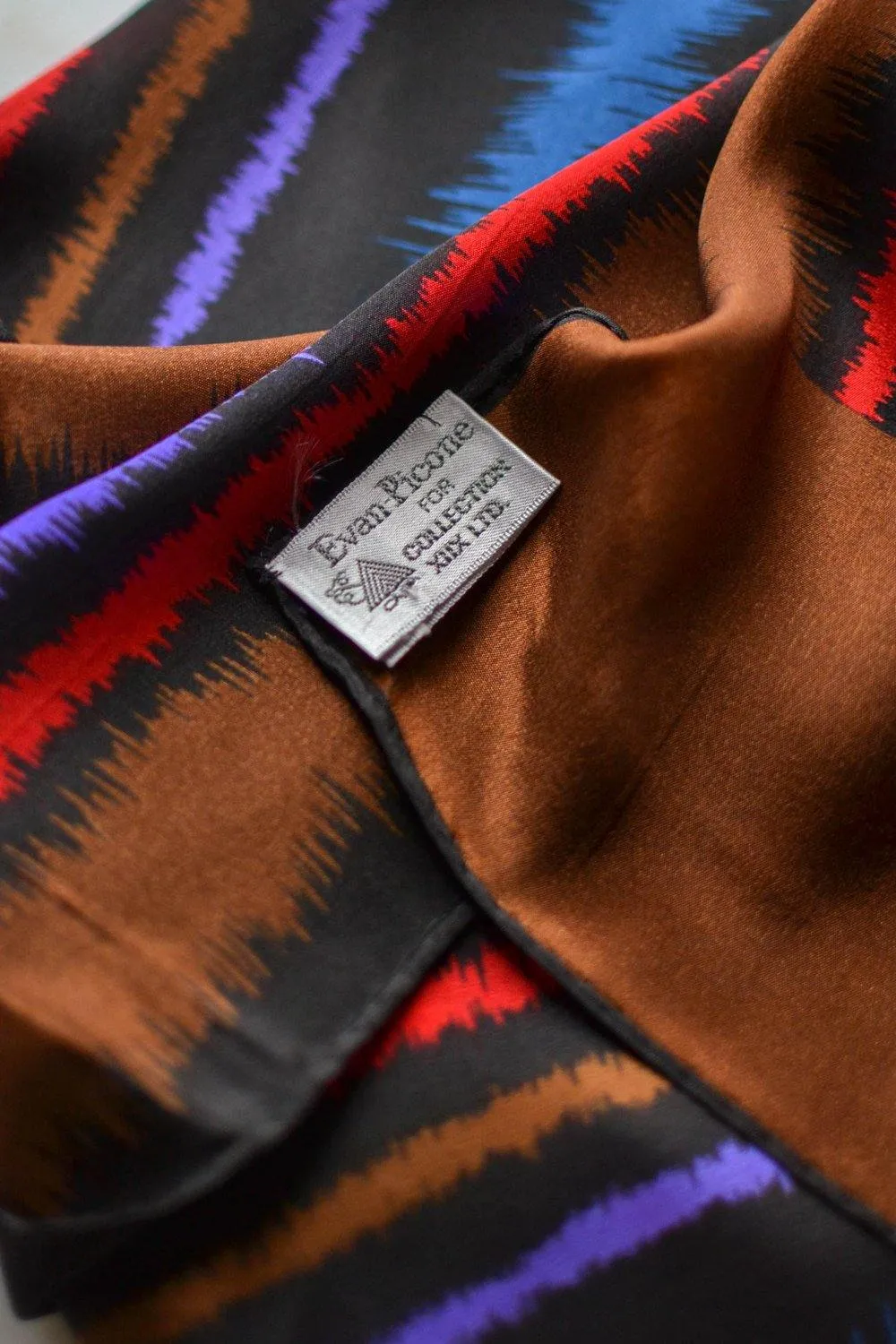 Evan Picone Silk Scarf, Brown, Black, Red, Purple, Blue, Linear