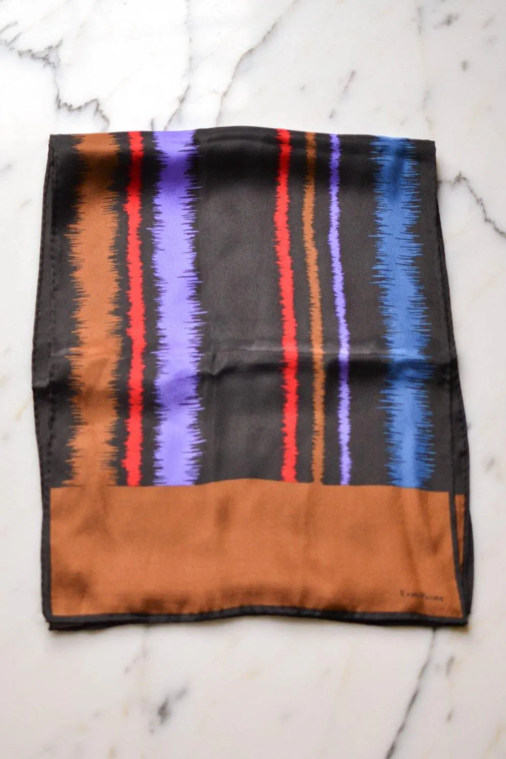 Evan Picone Silk Scarf, Brown, Black, Red, Purple, Blue, Linear