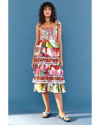 Farm Rio Mixed White Print Layered Tiered Tropical Floral Ruffle Tie Strap Midi Dress