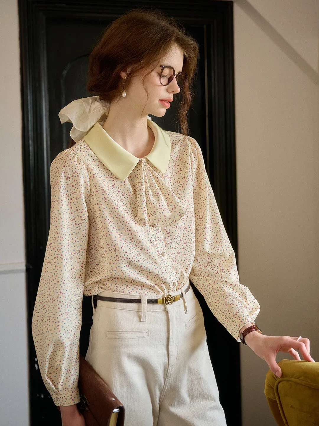 【Final Sale】Alexis Long Sleeve Patchwork Peter Pan Collar Embroidery Casual Blouse - Blue