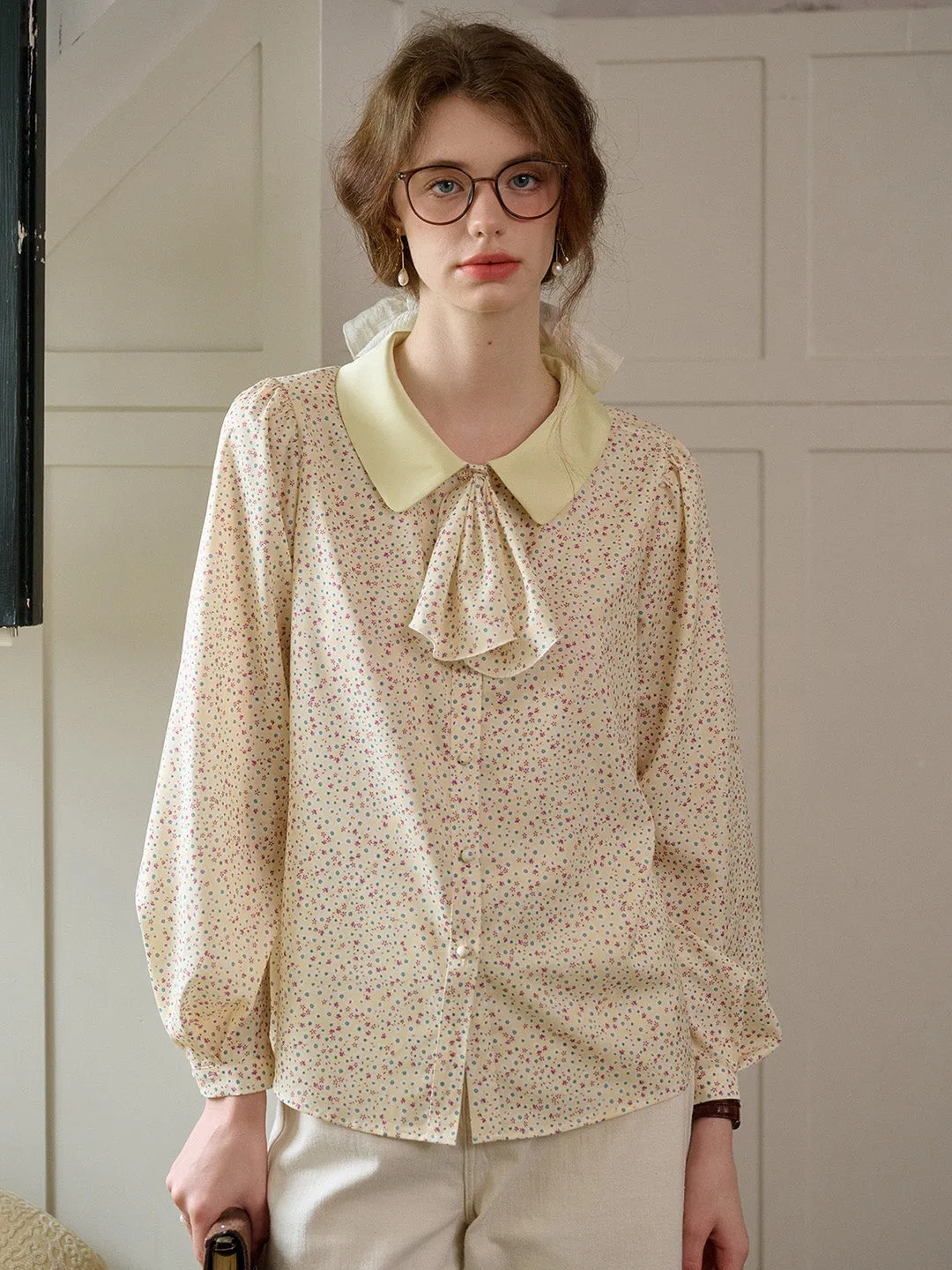 【Final Sale】Alexis Long Sleeve Patchwork Peter Pan Collar Embroidery Casual Blouse - Blue
