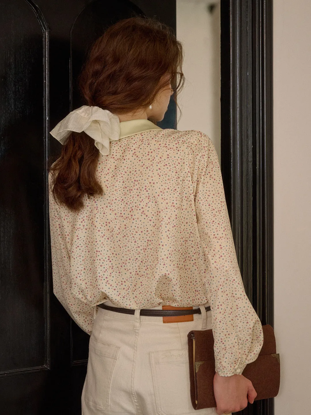 【Final Sale】Alexis Long Sleeve Patchwork Peter Pan Collar Embroidery Casual Blouse - Blue