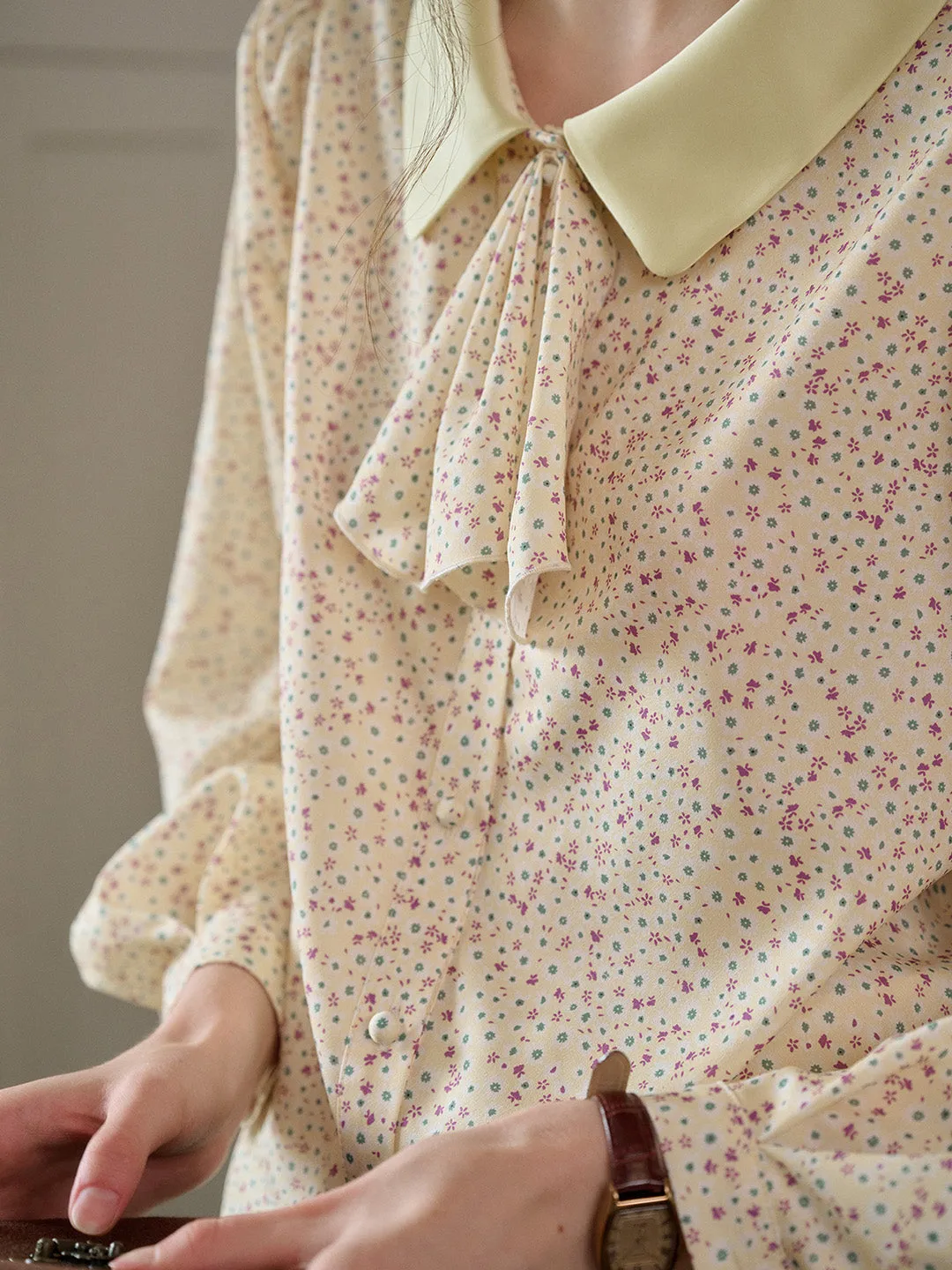 【Final Sale】Alexis Long Sleeve Patchwork Peter Pan Collar Embroidery Casual Blouse - Blue