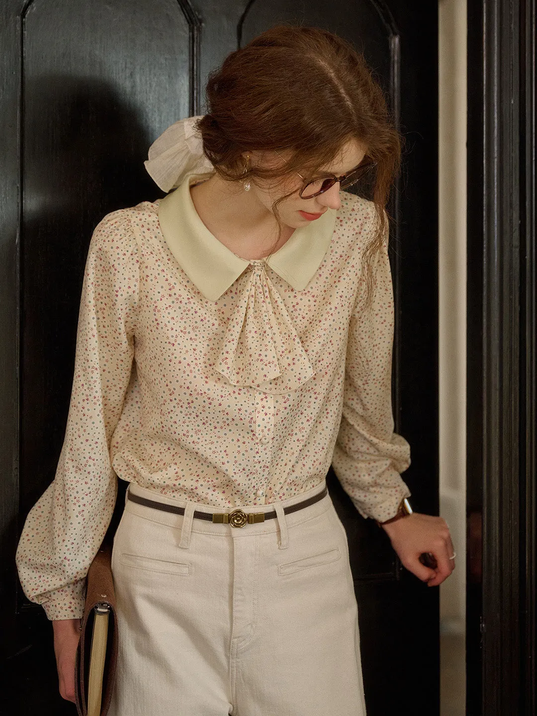 【Final Sale】Alexis Long Sleeve Patchwork Peter Pan Collar Embroidery Casual Blouse - Blue