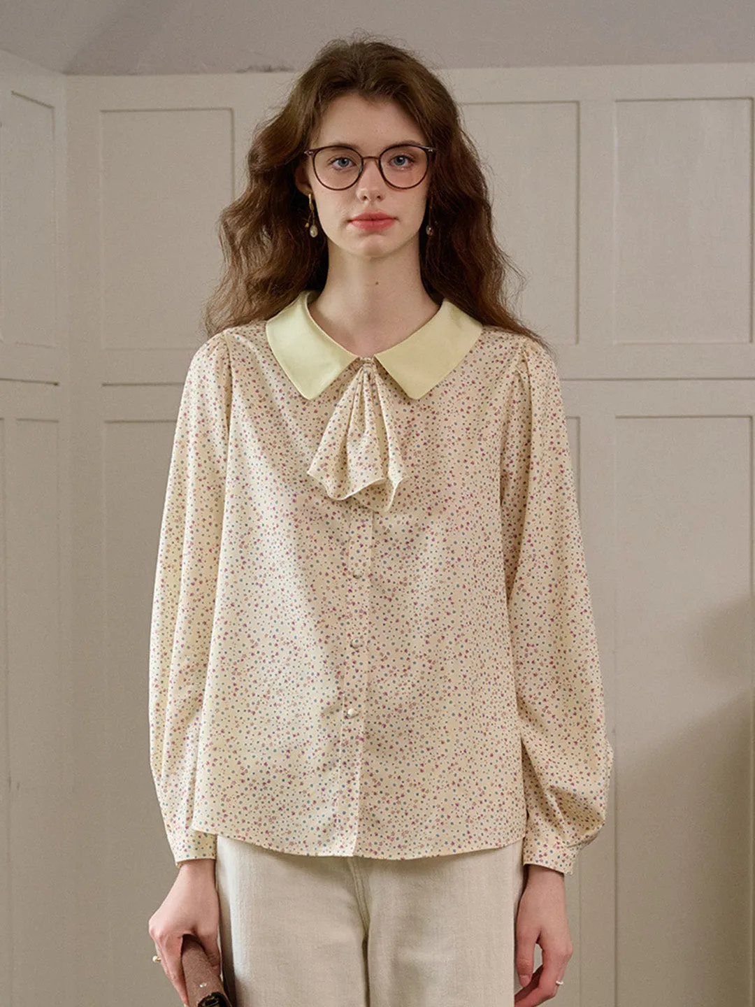 【Final Sale】Alexis Long Sleeve Patchwork Peter Pan Collar Embroidery Casual Blouse - Blue