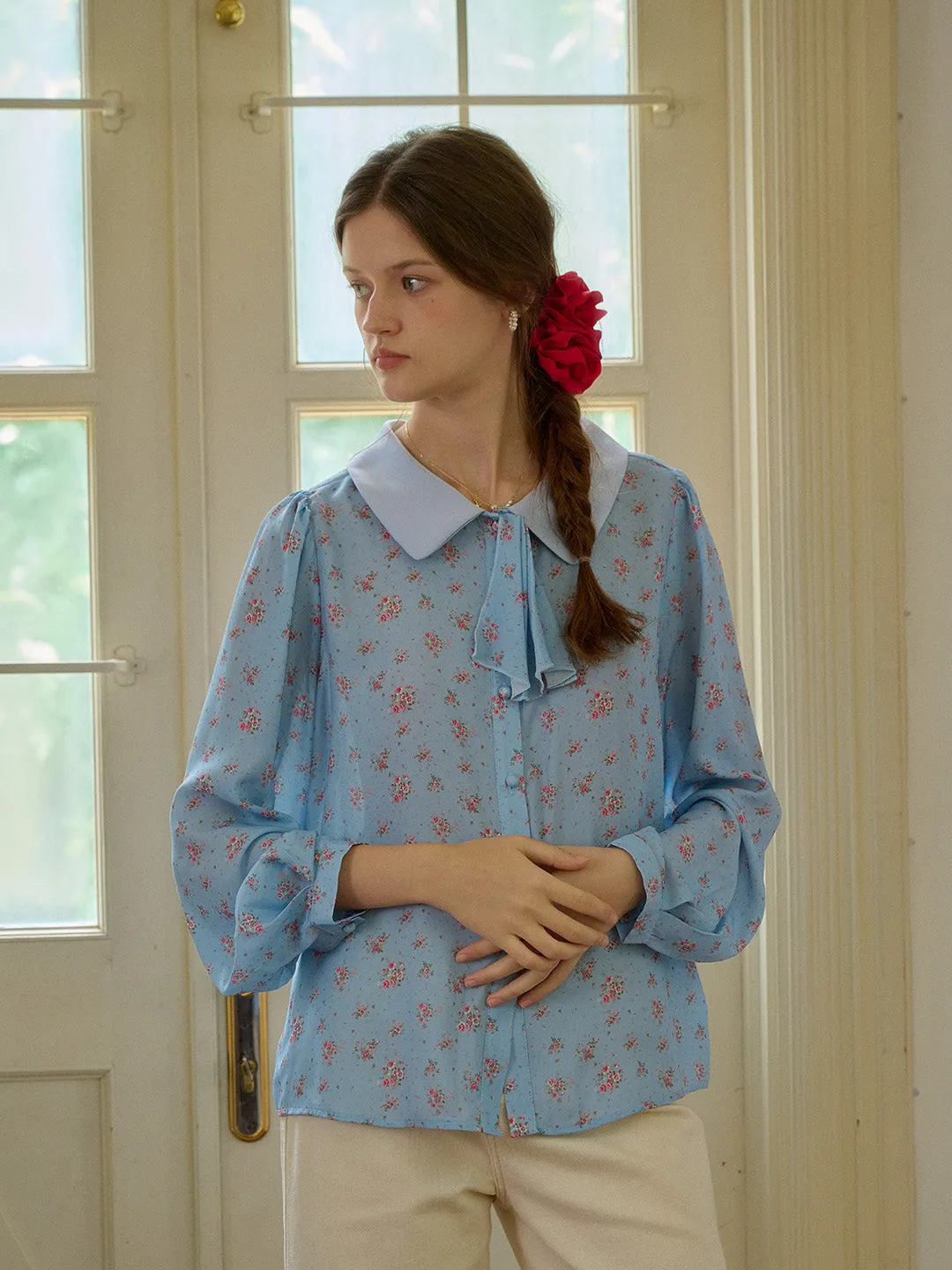 【Final Sale】Alexis Long Sleeve Patchwork Peter Pan Collar Embroidery Casual Blouse - Blue