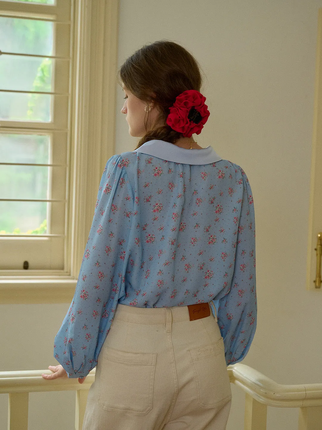 【Final Sale】Alexis Long Sleeve Patchwork Peter Pan Collar Embroidery Casual Blouse - Blue