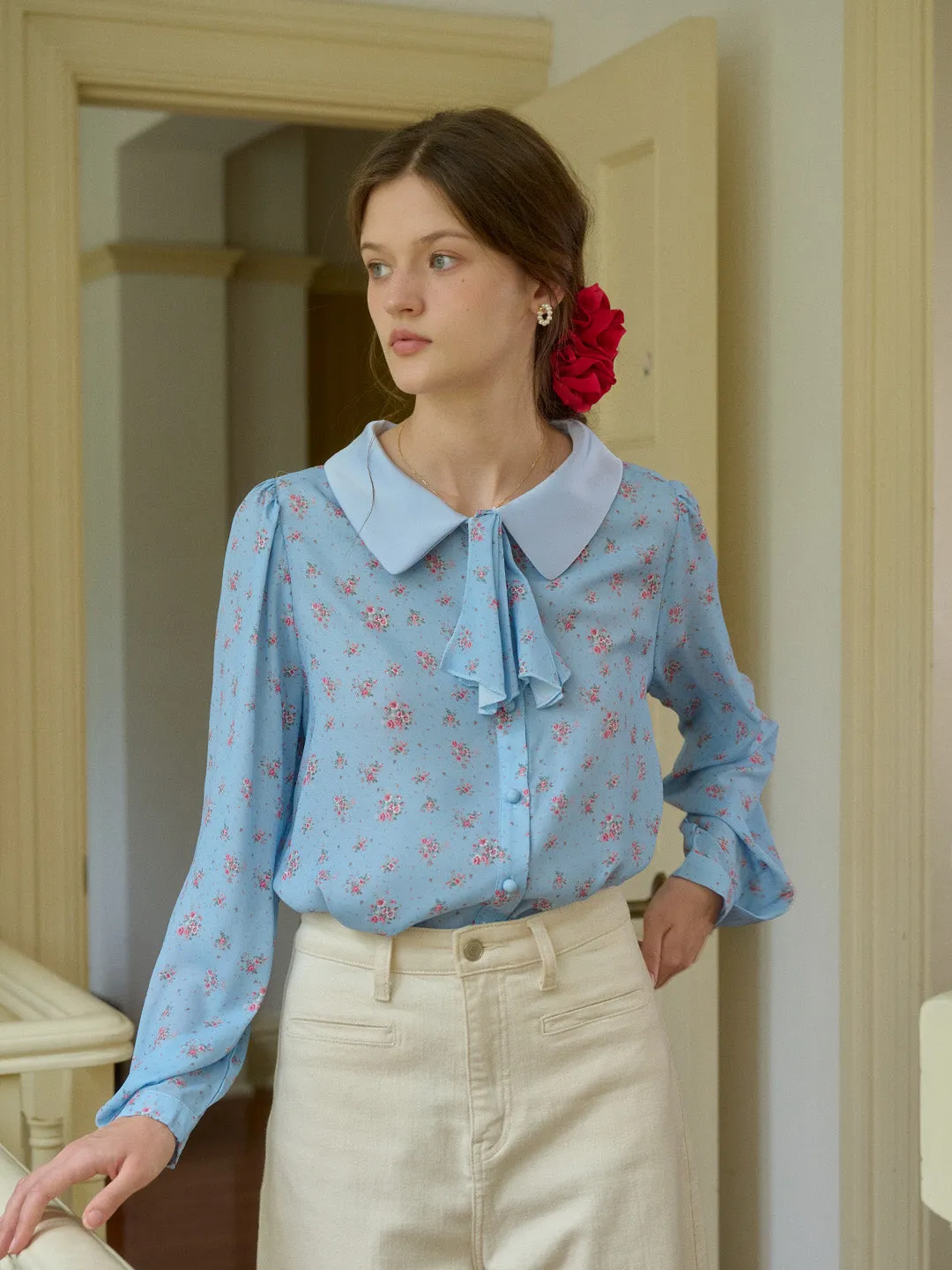 【Final Sale】Alexis Long Sleeve Patchwork Peter Pan Collar Embroidery Casual Blouse - Blue