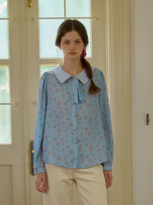 【Final Sale】Alexis Long Sleeve Patchwork Peter Pan Collar Embroidery Casual Blouse - Blue