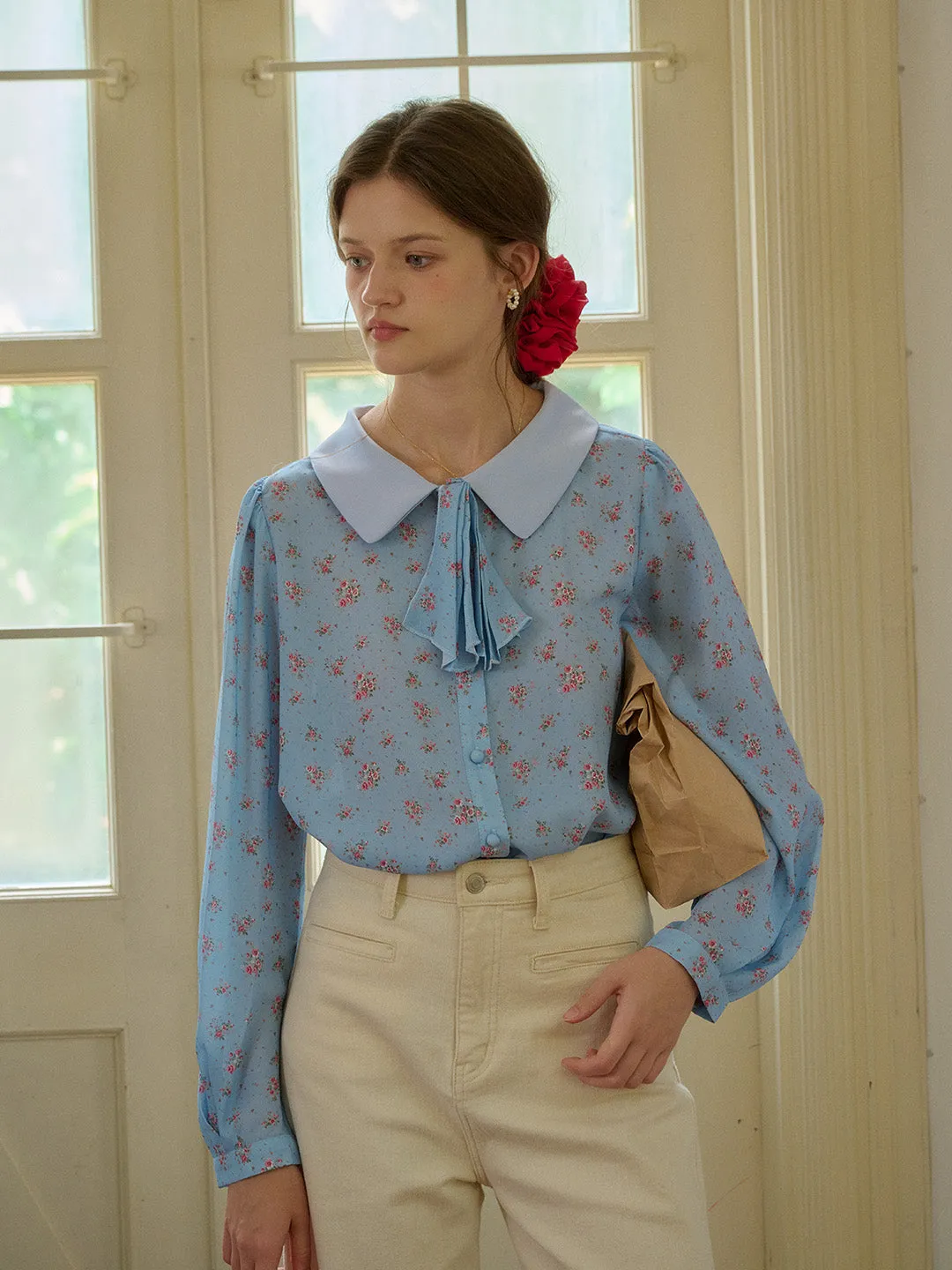 【Final Sale】Alexis Long Sleeve Patchwork Peter Pan Collar Embroidery Casual Blouse - Blue