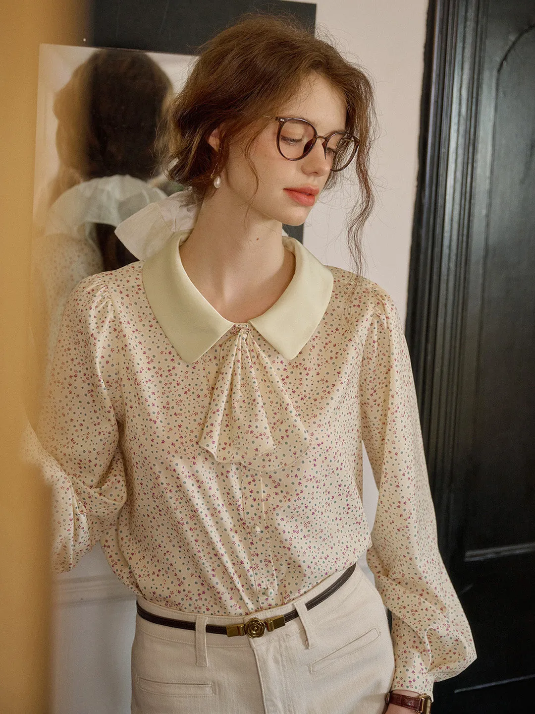 【Final Sale】Alexis Long Sleeve Patchwork Peter Pan Collar Embroidery Casual Blouse - Blue