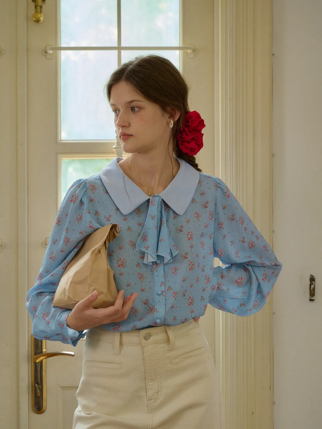 【Final Sale】Alexis Long Sleeve Patchwork Peter Pan Collar Embroidery Casual Blouse - Blue
