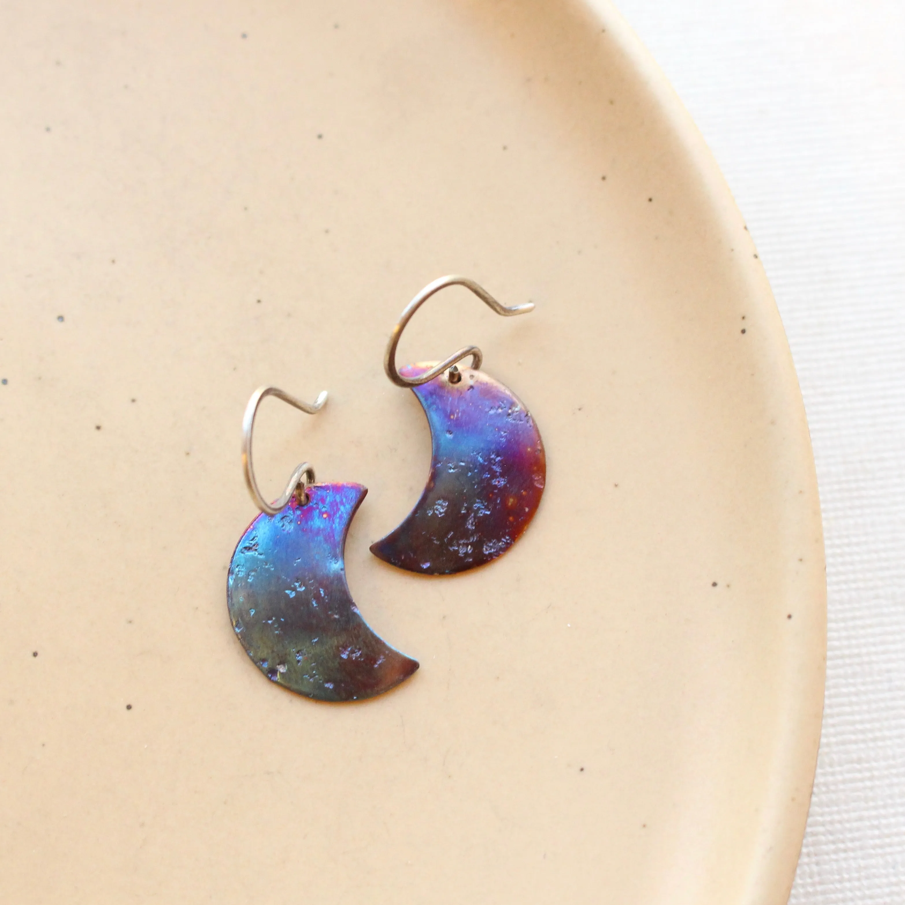 Fire Painted Copper Half Moon Earrings