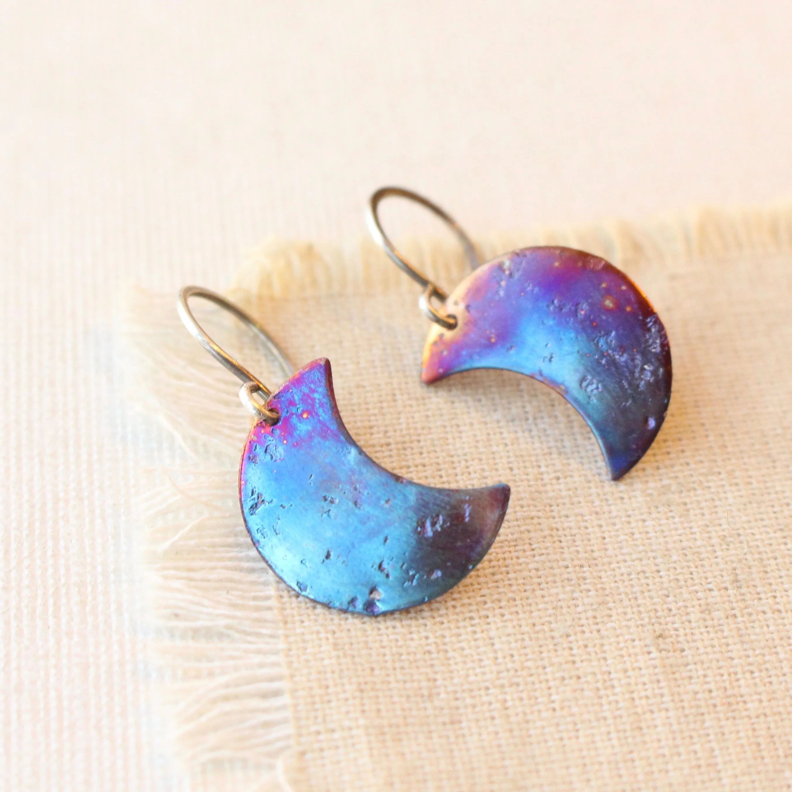 Fire Painted Copper Half Moon Earrings