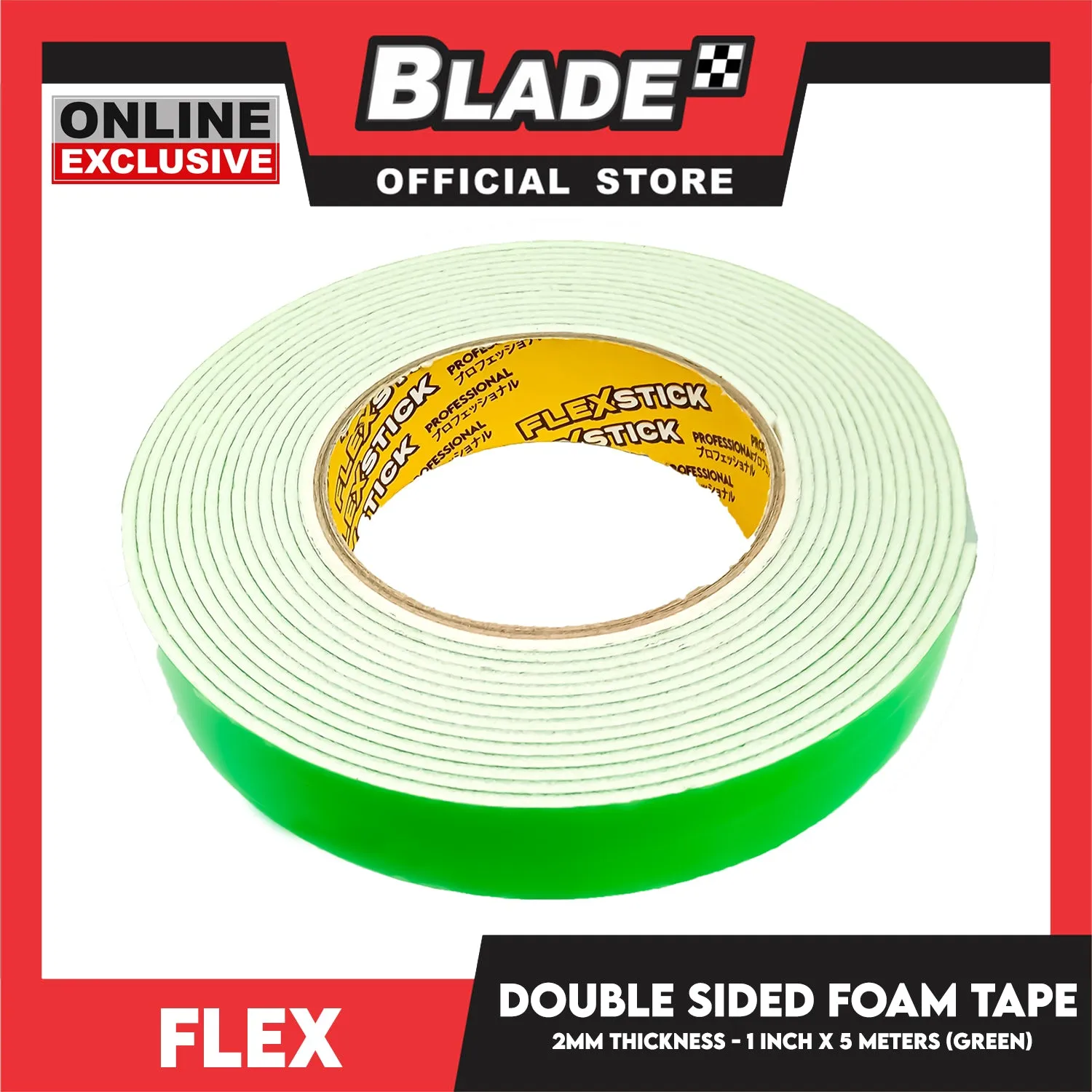 Flex Double Sided Foam Tape 3'' 2mm Thickness 1 inch x 5meters (Green)