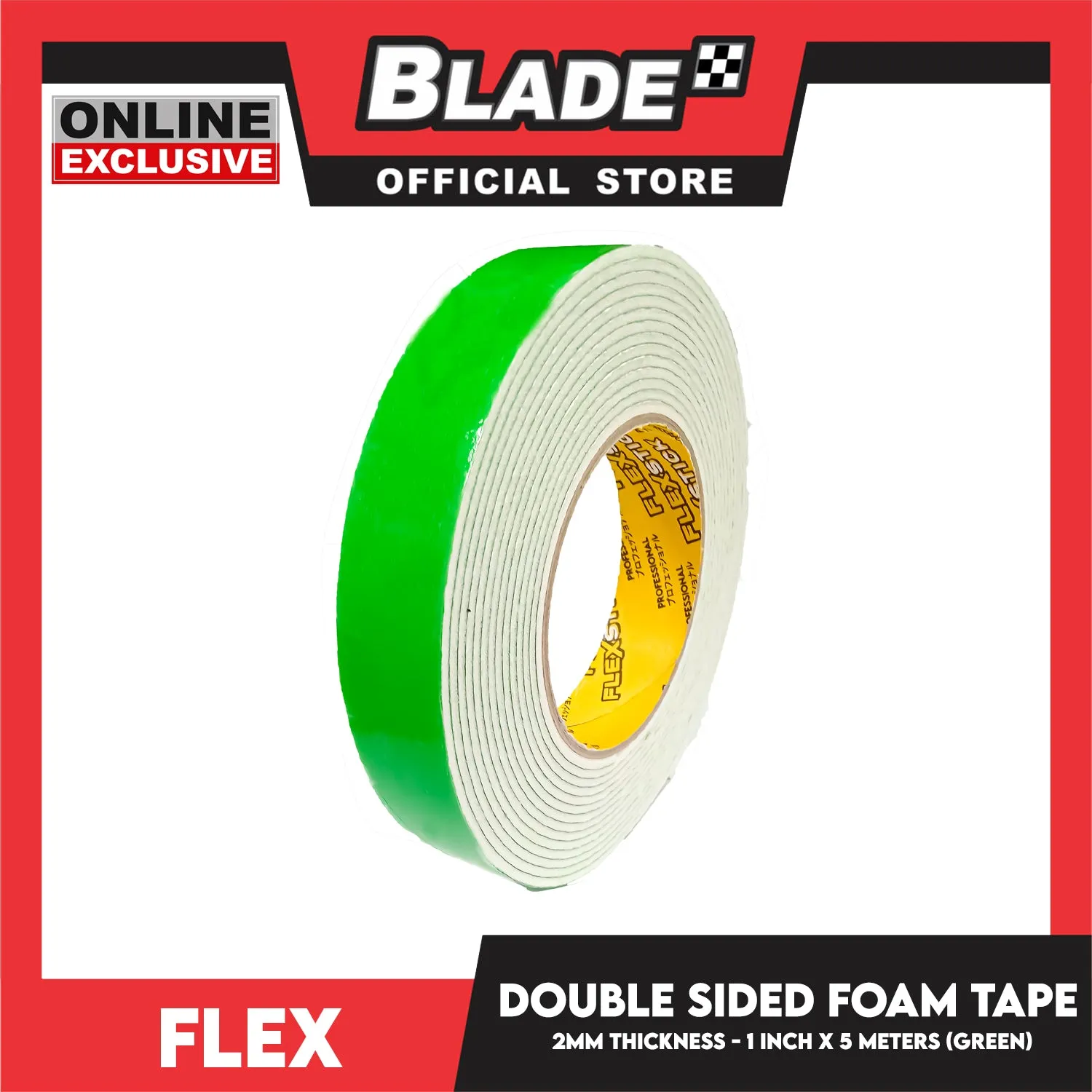Flex Double Sided Foam Tape 3'' 2mm Thickness 1 inch x 5meters (Green)